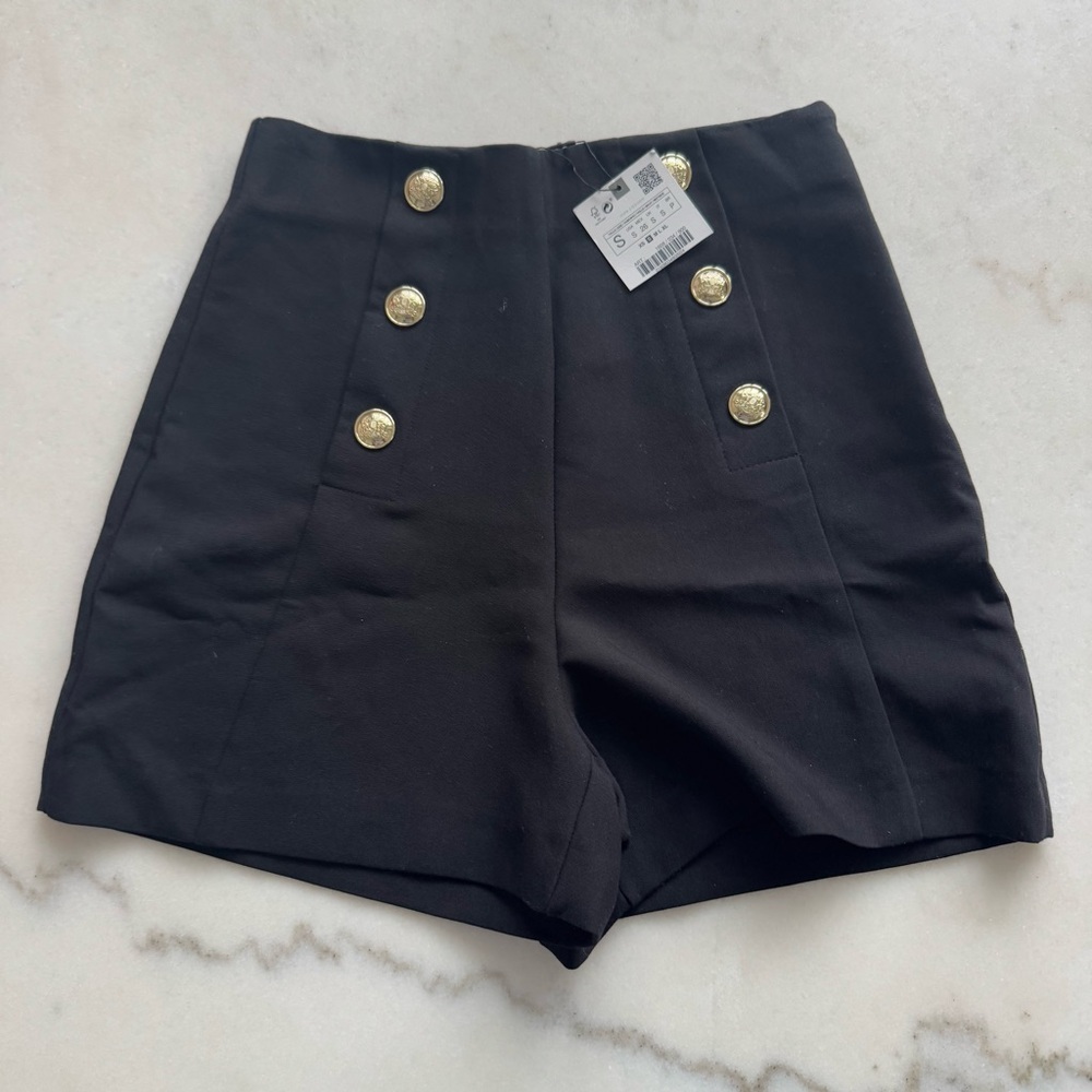 Zara Black High-Waisted Shorts with Gold Buttons